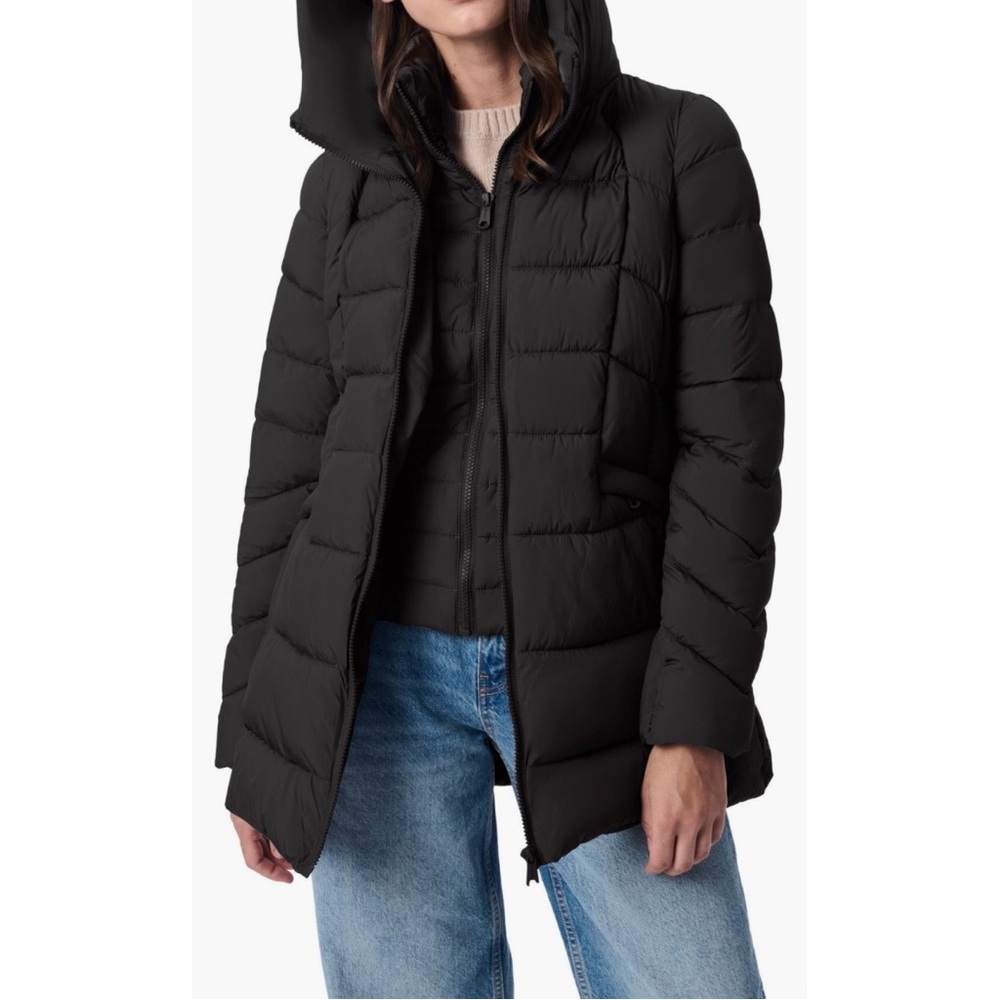 Bernardo Hooded Quilted Puffer Jacket Black Removable Bib Zip NWT Size Medium